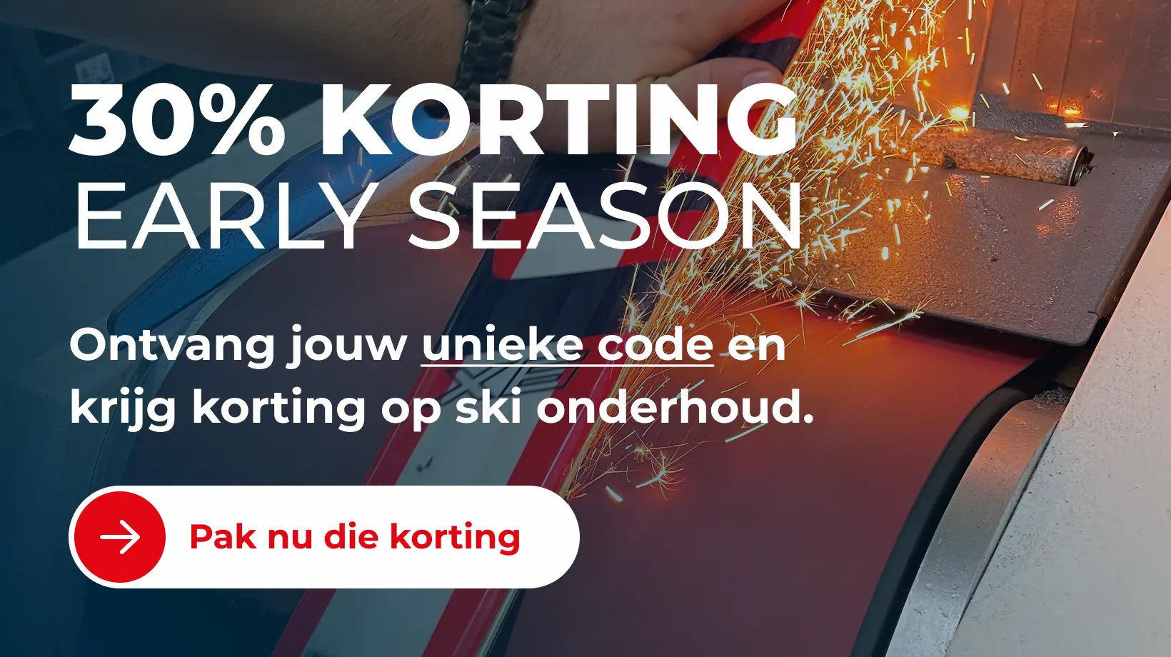 Ski wordt geslepen met vonken van slijpmachine in actie voor onderhoudsservice met 30% korting.