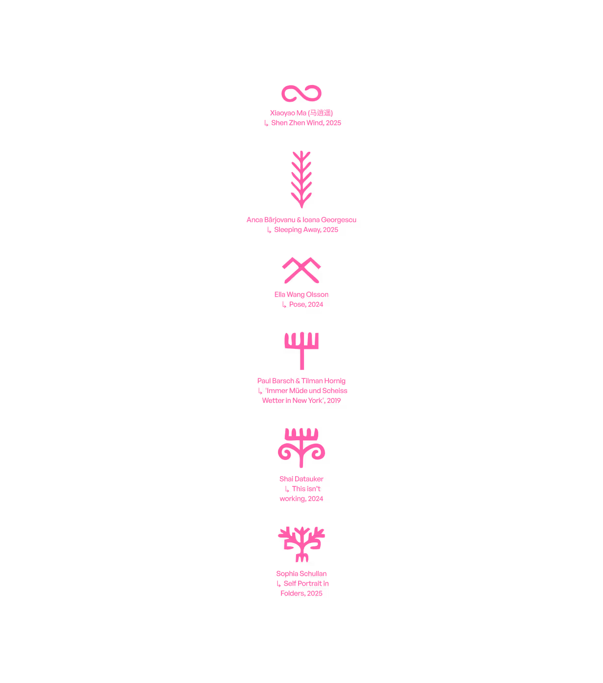 Pink symbolic artist list for Exorcise the Candy House on a black background.