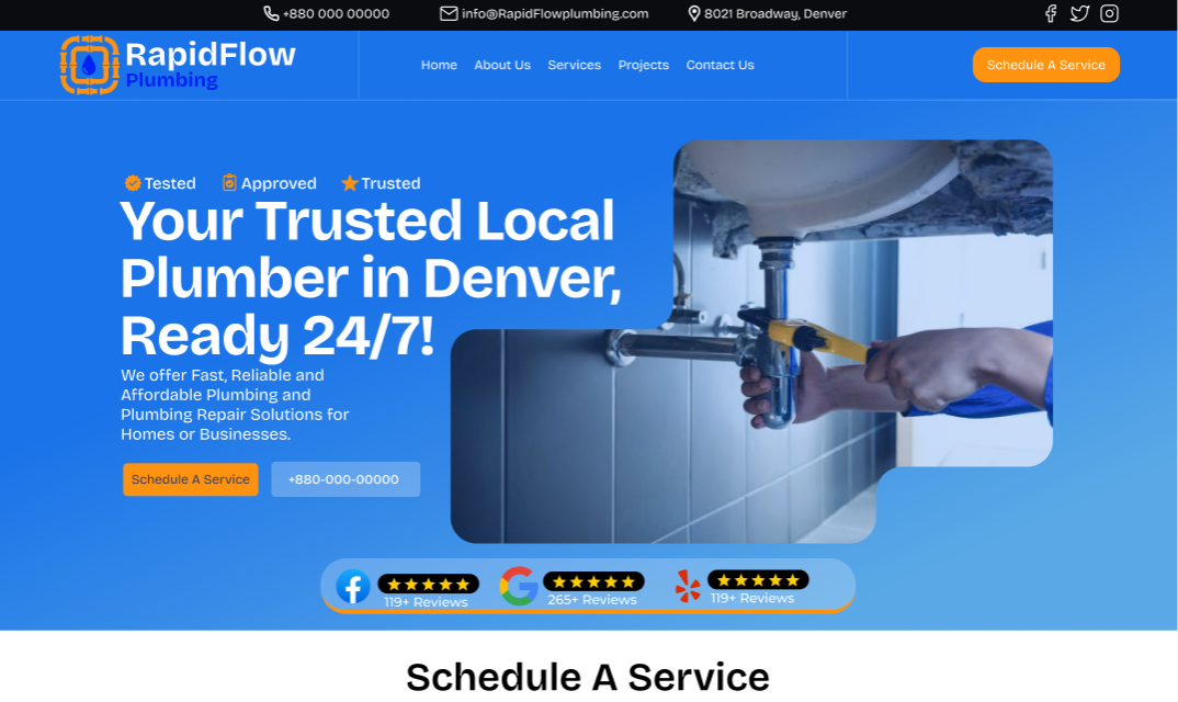 website hero section of a plumbing company