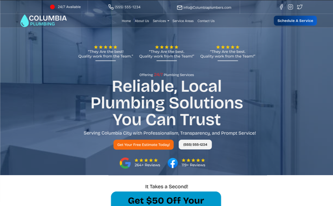 website hero section for a plumbing company