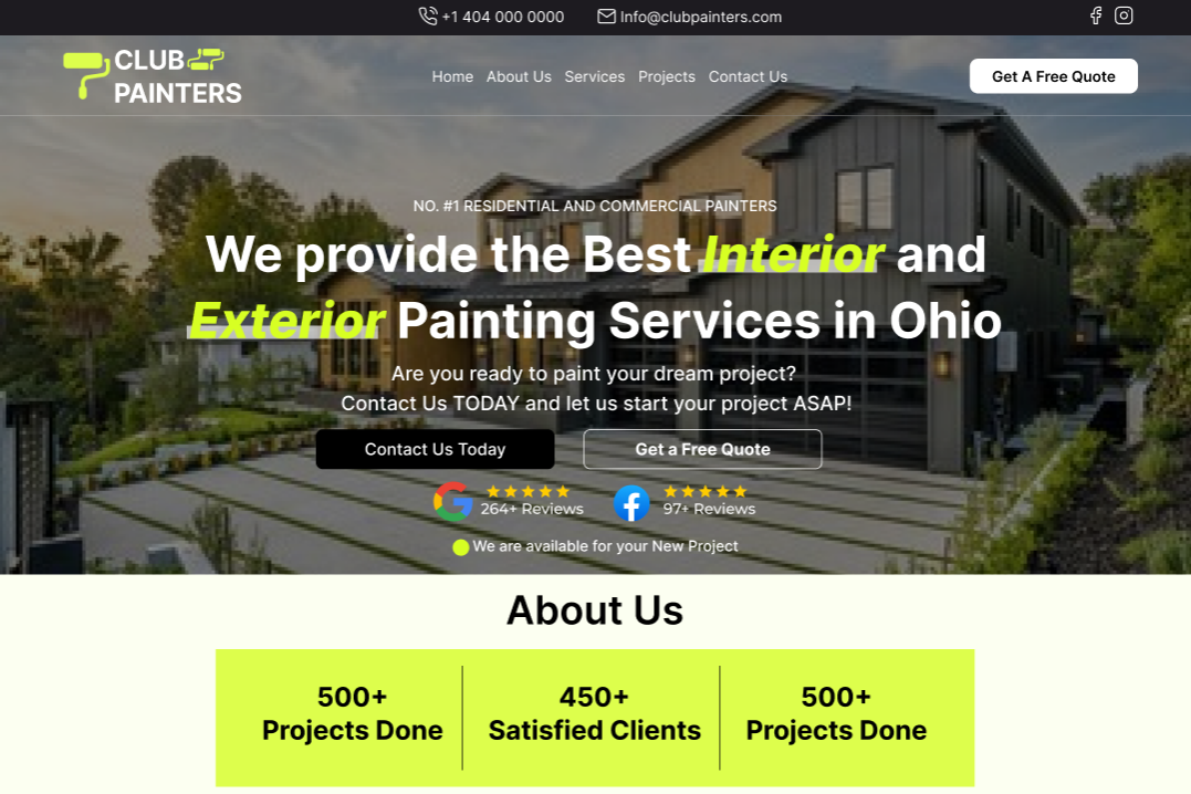 website hero section for painting company