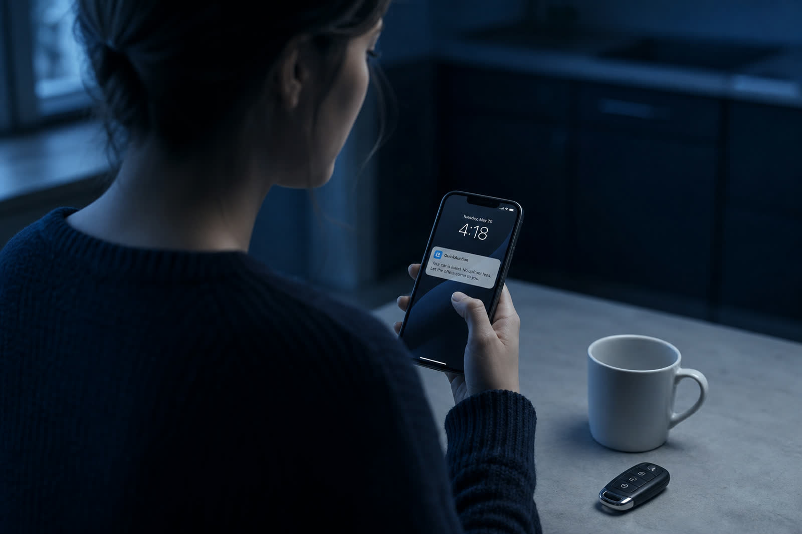 A seller reading a QuickAuction notification on her phone
