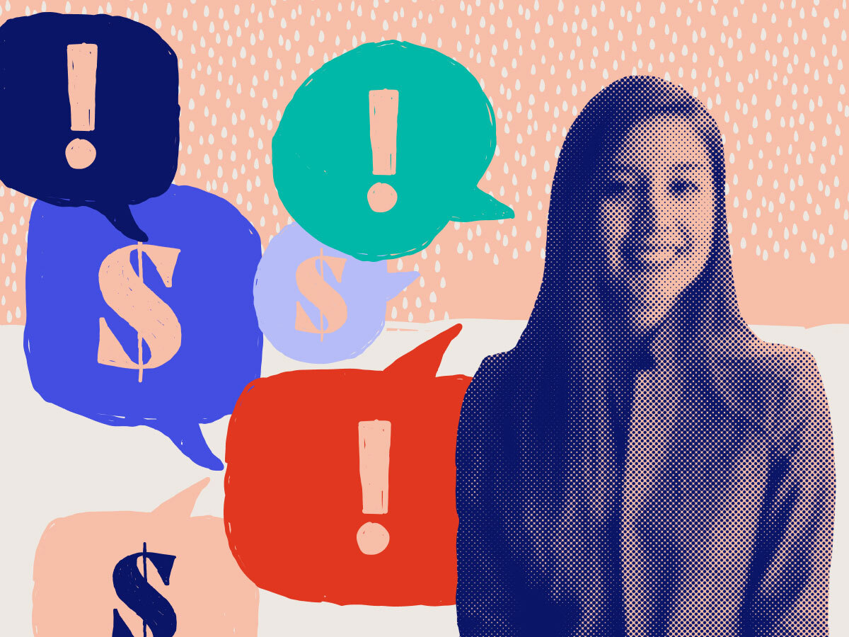 a graphically treated smiling woman next to speech bubbles with exclamation and dollar signs in them 