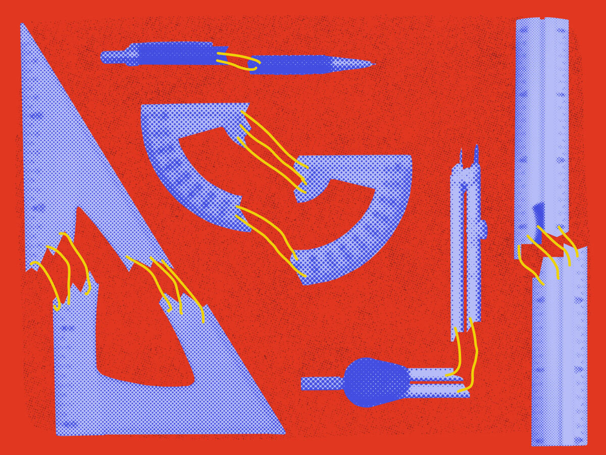 broken desk tools on a red background with ties in between