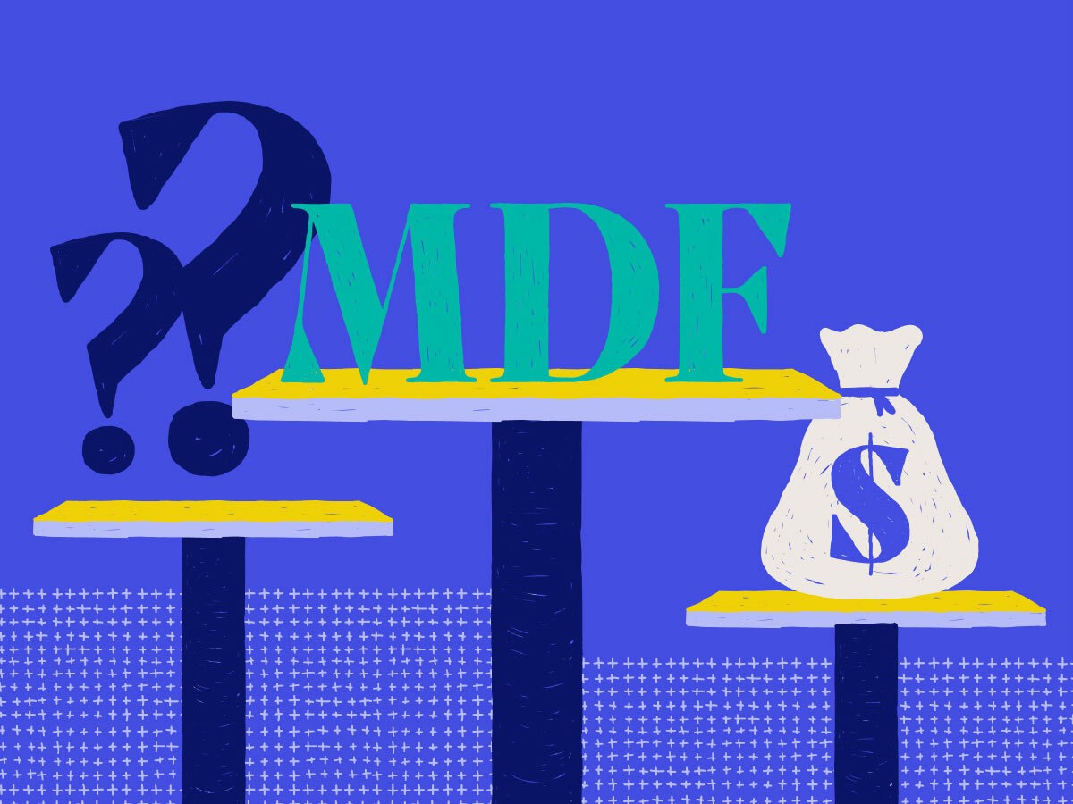 a three tiered scale with dollar signs, MDF, and a bag of money on each of the three tiers