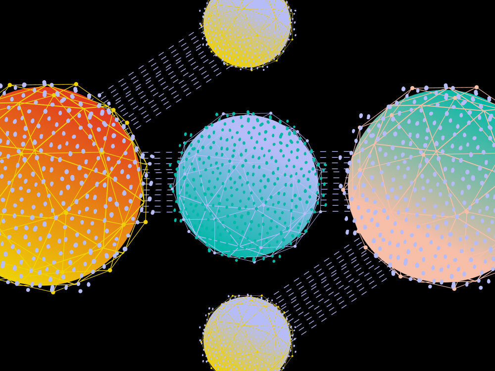five spacelike balls connected by dashed lines with an overlay of a network of very small balls