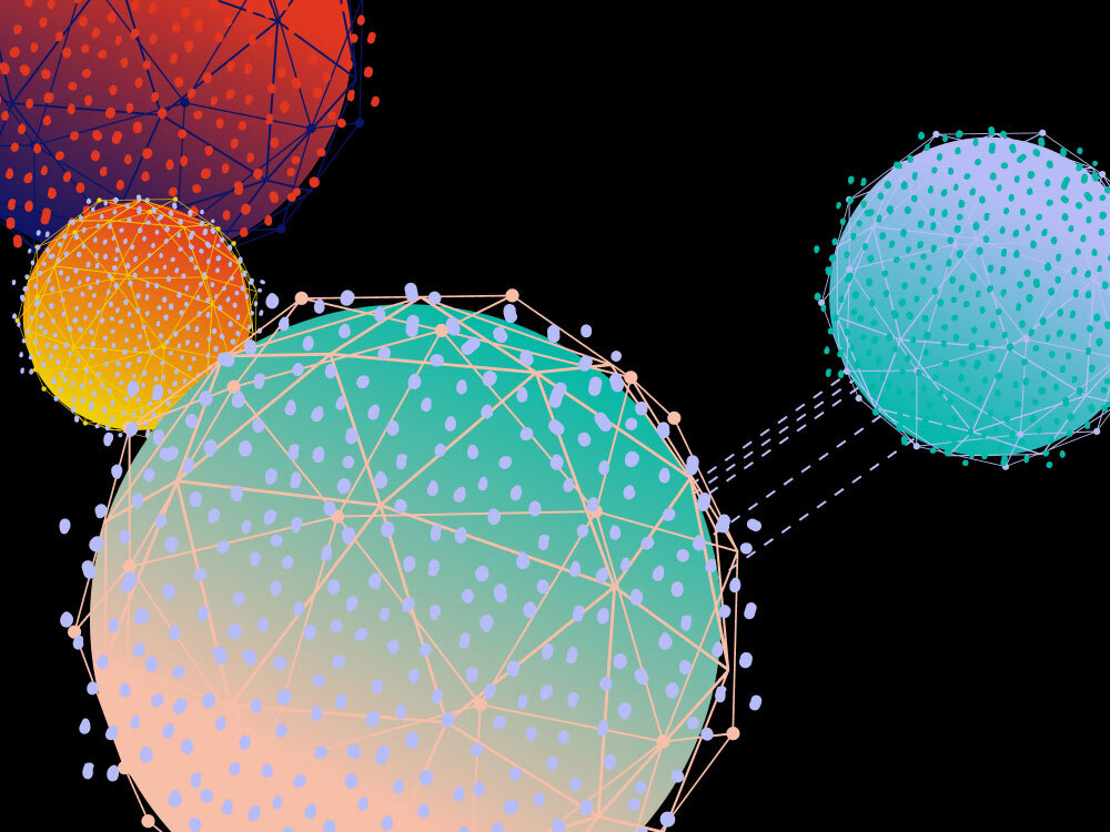 a spacelike depiction of four balls connected by dashed lines with a net of smaller balls over top