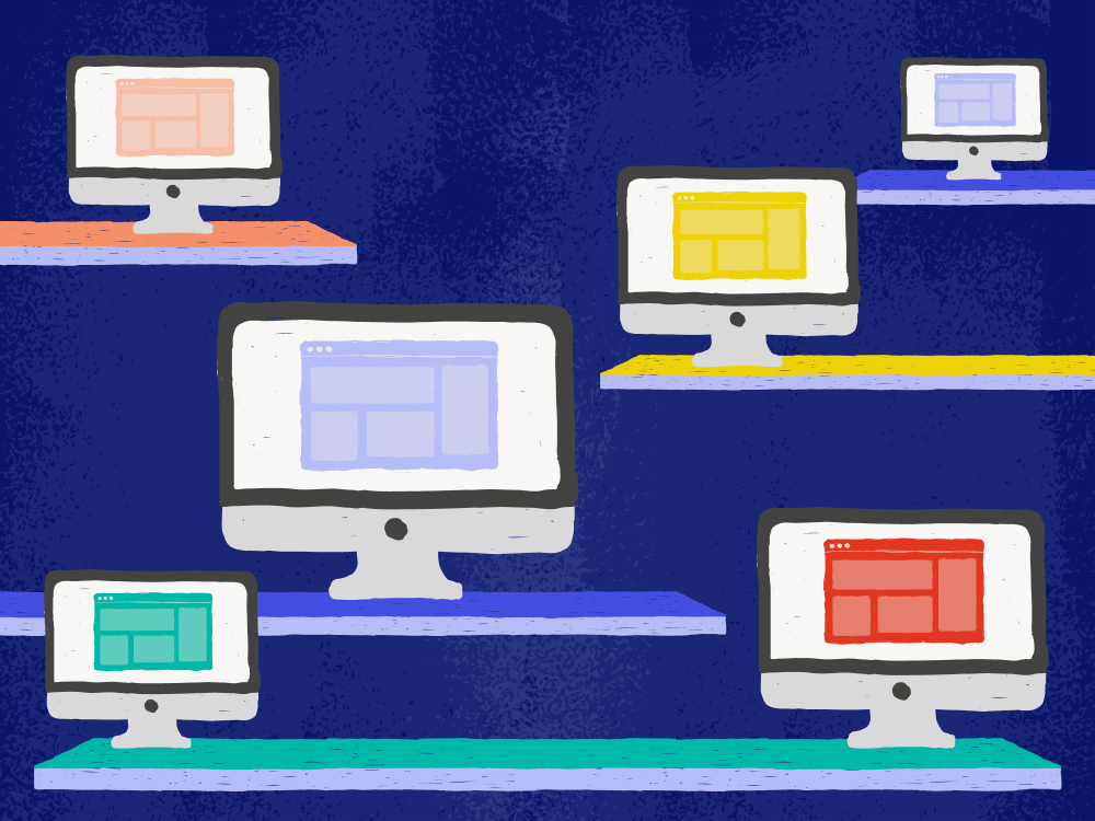 six computer monitors on shelves of varying heights