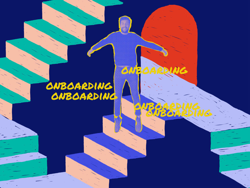 matt pogor standing in front of a graphically treated staircase with the word onboarding printed several times around him