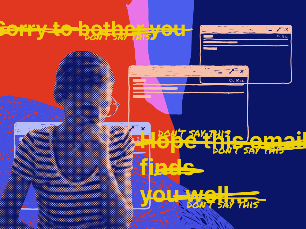 a woman with glasses in front of email screens and the text "sorry to btoher you"