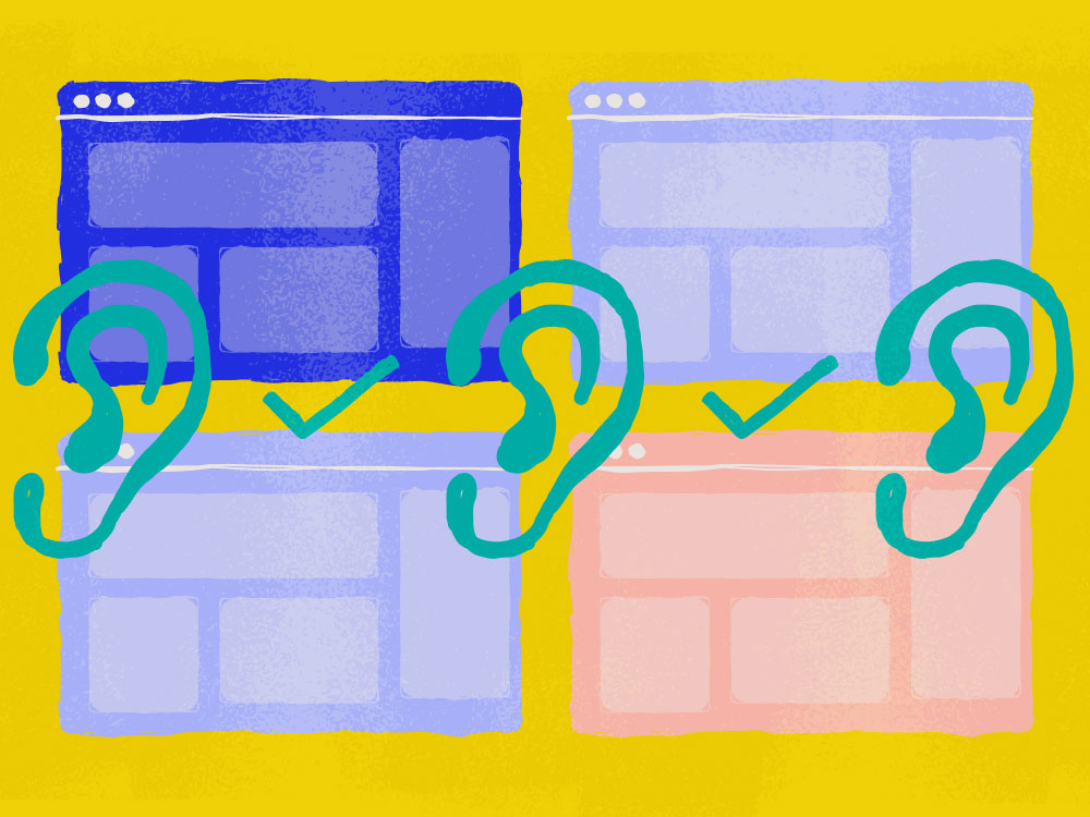 three drawn ears over a background of stylized computer windows