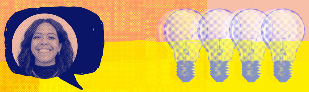 blaize pink smiling next to a banner of lightbulbs