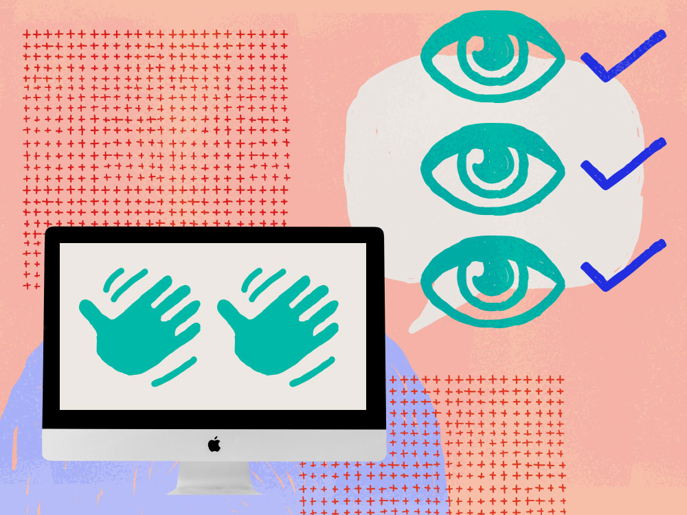 three drawn ears  and hands over a background of stylized computer windows