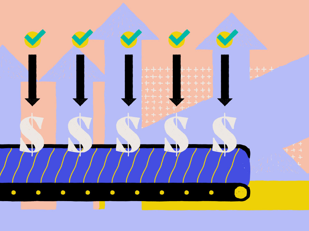 a row of checkmarks, arrows, and dollar signs