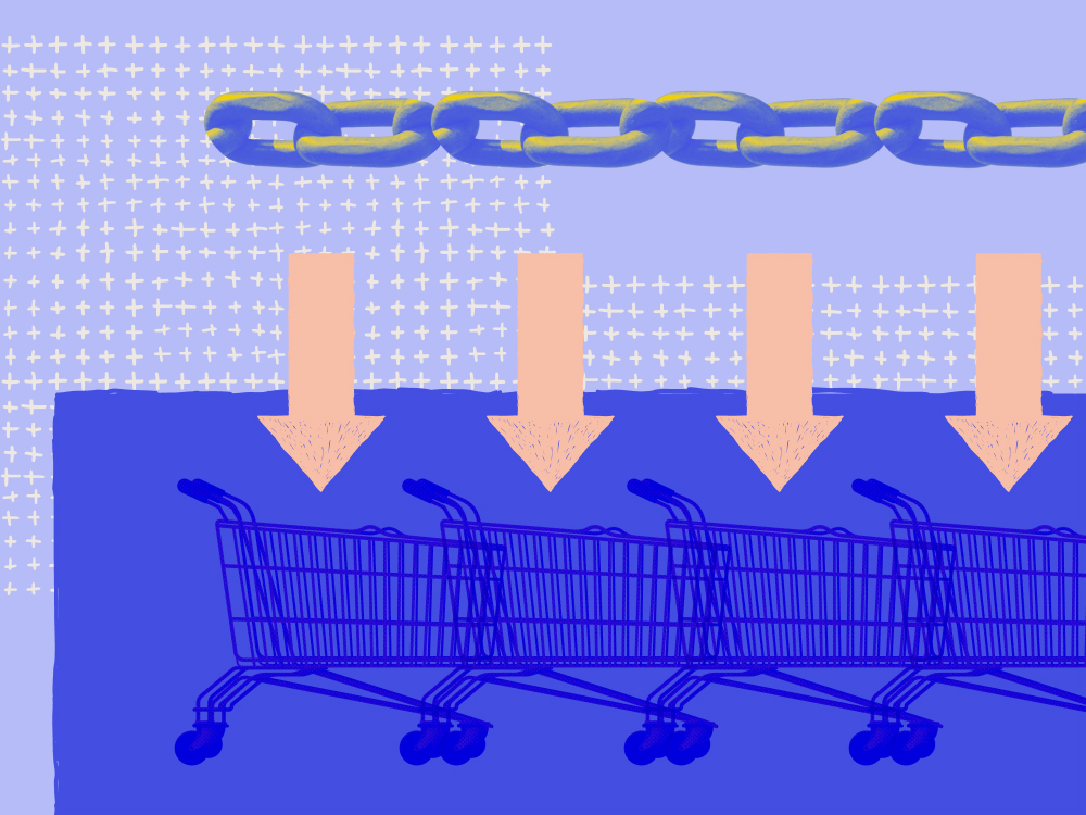 a chain above four downward arrows leading to shopping cart