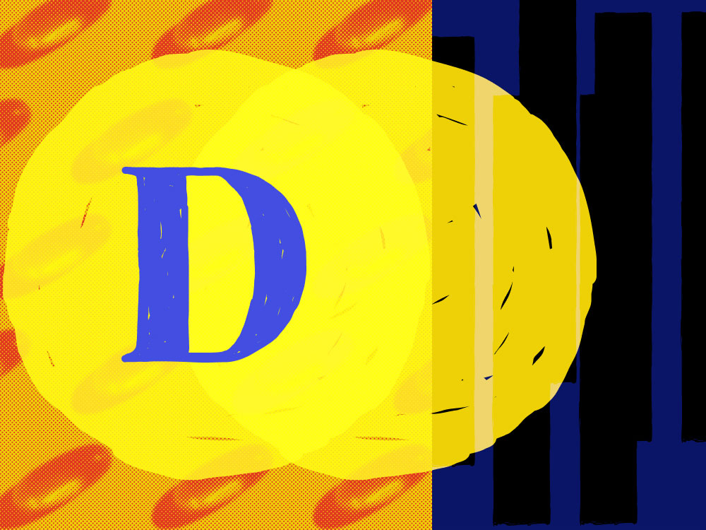 bright yellow draw circles with the letter D overlaid