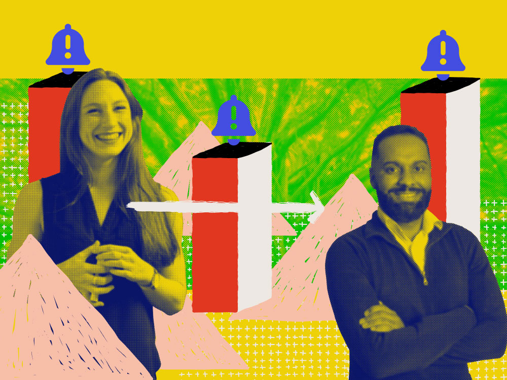 a smiling man and woman with graphic bars and alert bells behind them