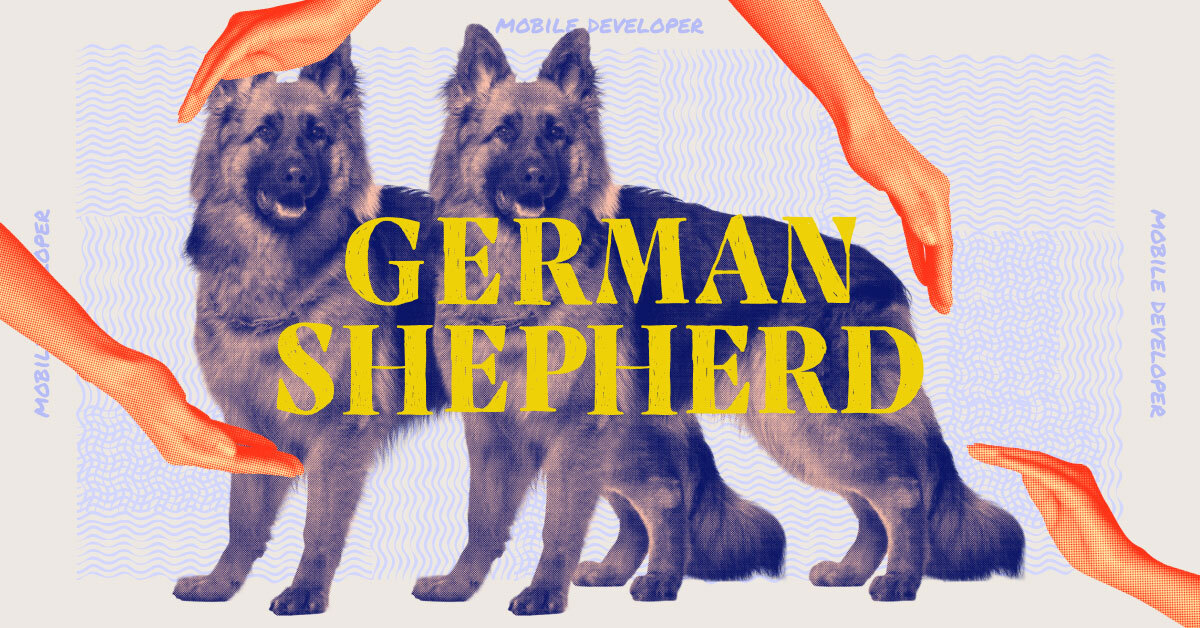 A German shepherd dog and the tech job its representing, mobile developer