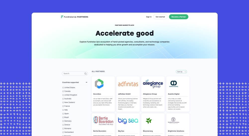  Fundraise Up's partner marketplace webpage showcasing a best-in-class partner ecosystem of hand-picked agencies, consultants and tech companies