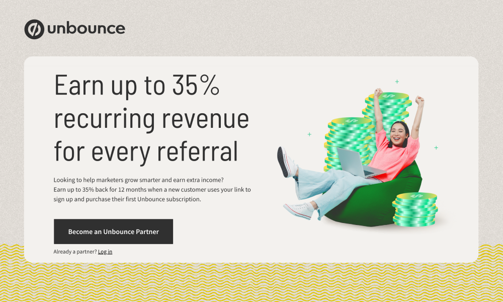 An image showing Unbounce's partner program commission structure: Earn up to 35% recurring revenue for every referral