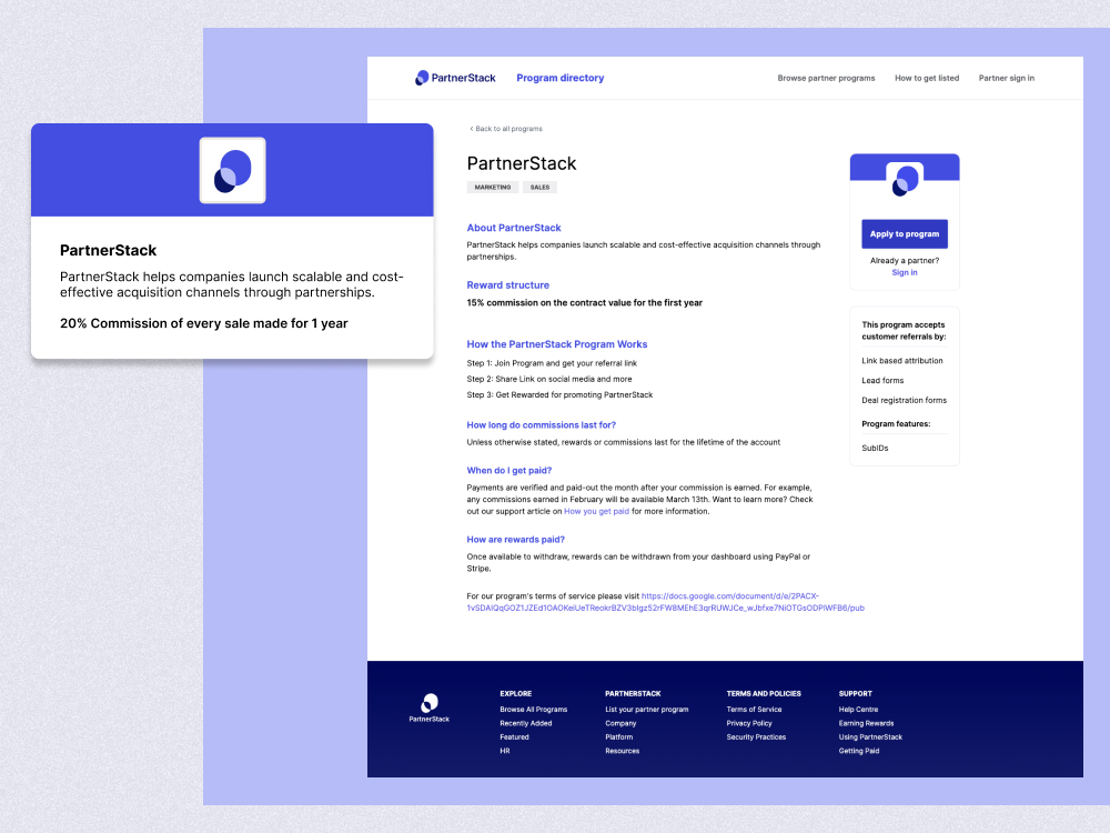 A screenshot of PartnerStack's Network listing in the PartnerStack Marketplace