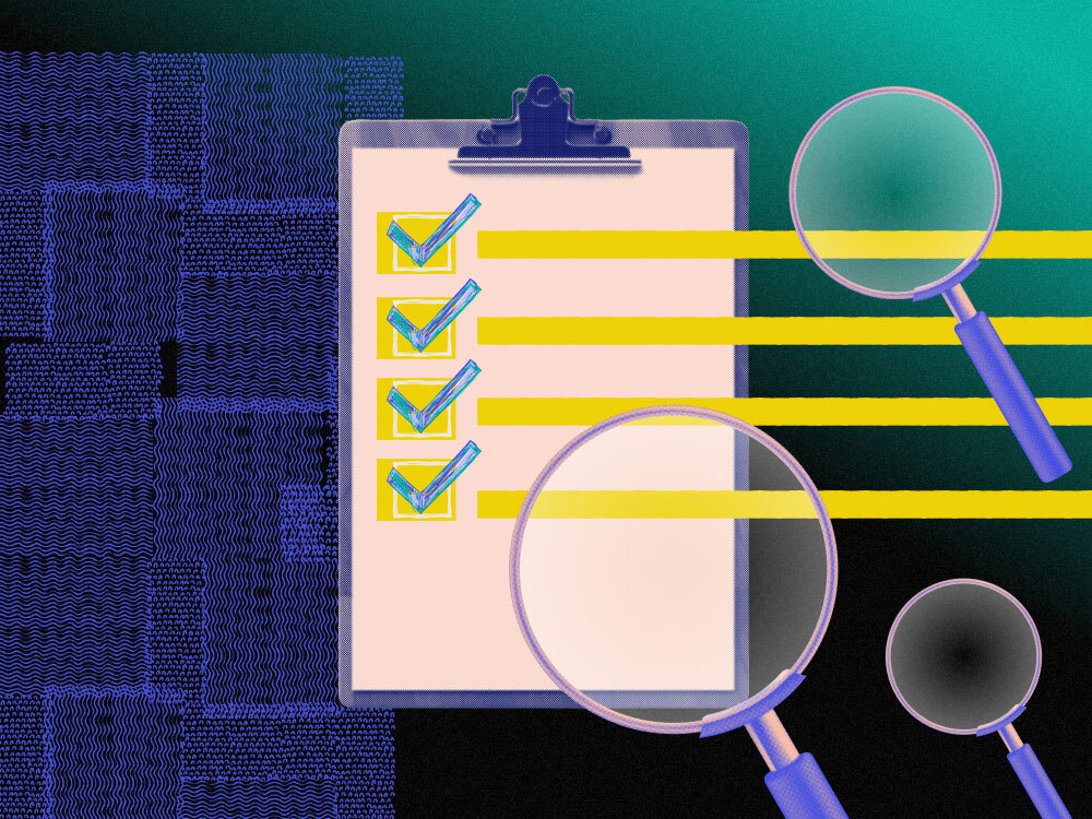 An image with a clipboard and a list and two magnifiying glasses beside