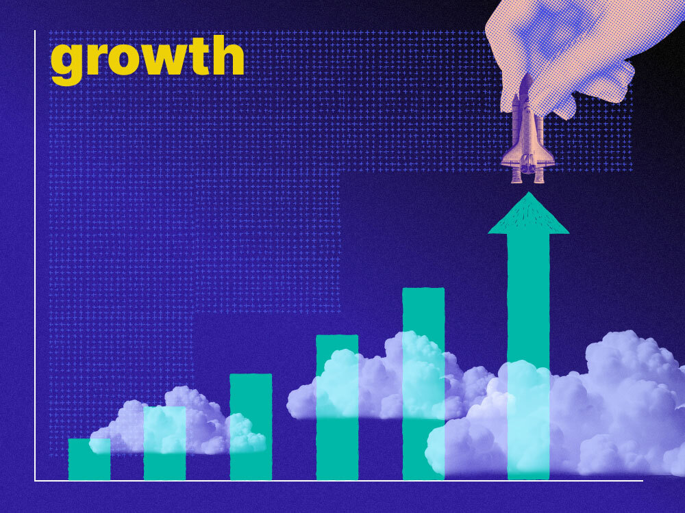 A hand holding a rocket ship with the word "growth", representing the exponential growth potential that can be unlocked through partnerships