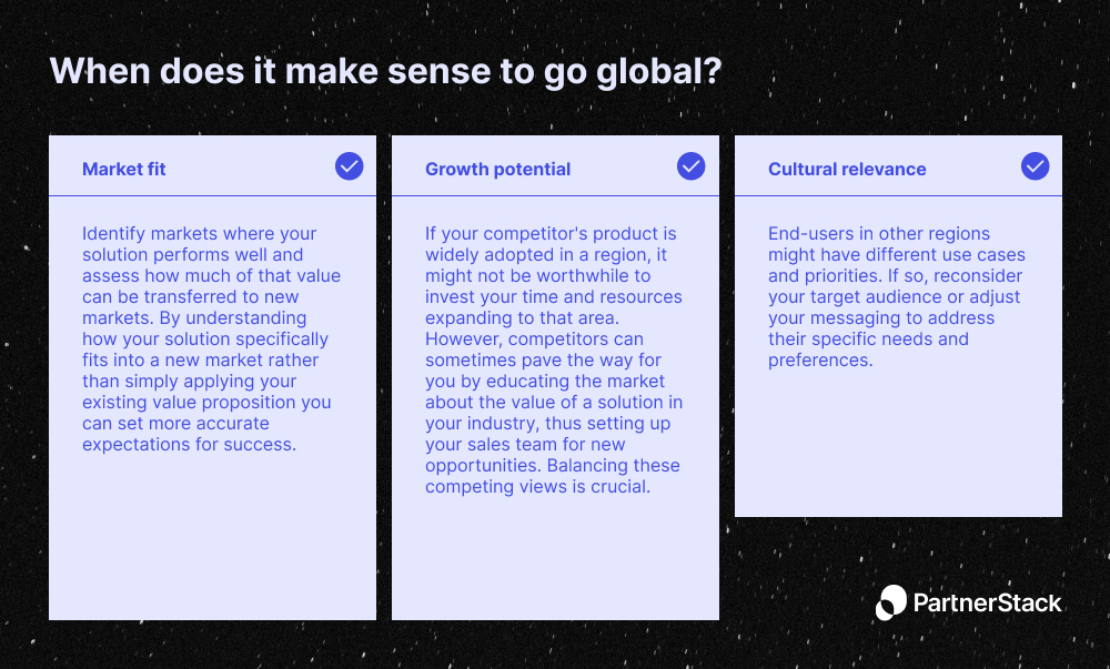 A chart showing the three key factors needed to be addressed before expanding a business globally: market fit, growth potential, cultural relevance