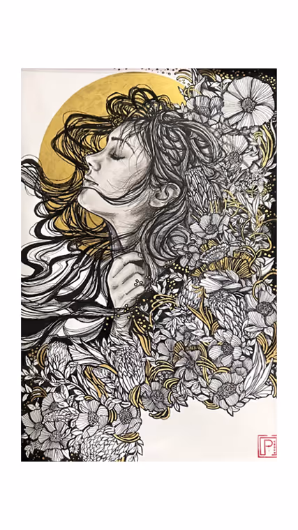 Artistic drawing of a woman with flowing hair surrounded by detailed black and white flowers and a golden circle behind her head.