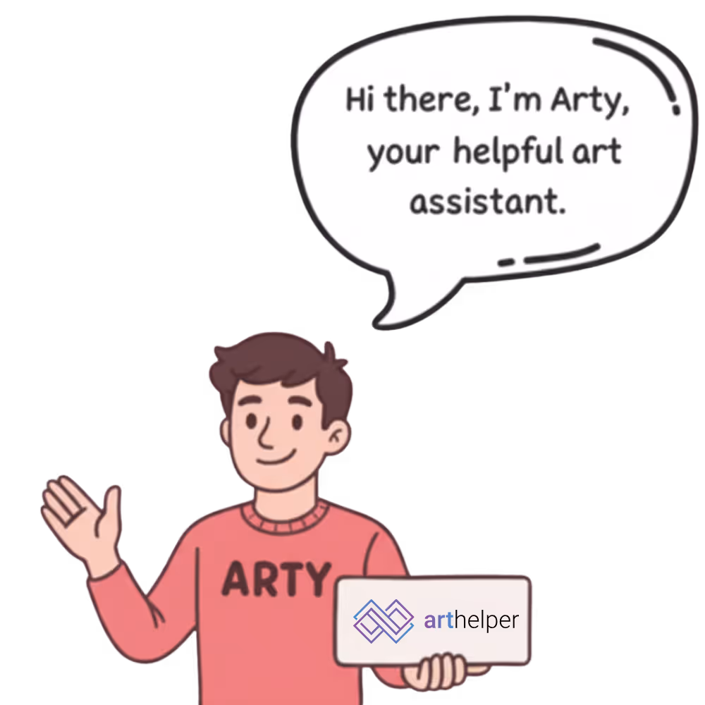 Cartoon man wearing a red shirt labeled 'ARTY' waving with one hand and holding a sign with the arthelper logo, with a speech bubble saying, 'Hi there, I’m Arty, your helpful art assistant.'