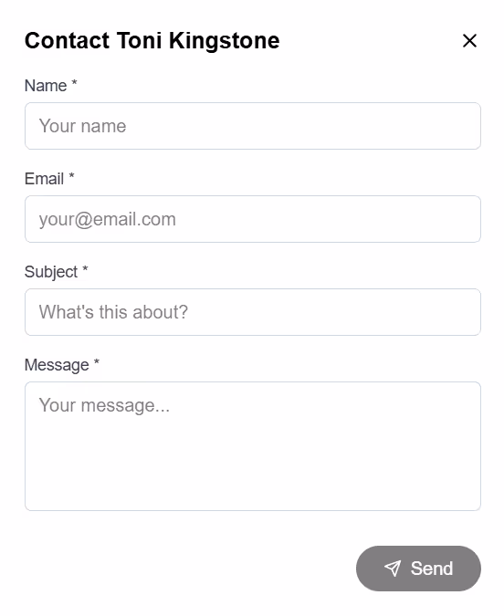 Contact form for Toni Kingstone with fields for name, email, subject, and message, and a send button.