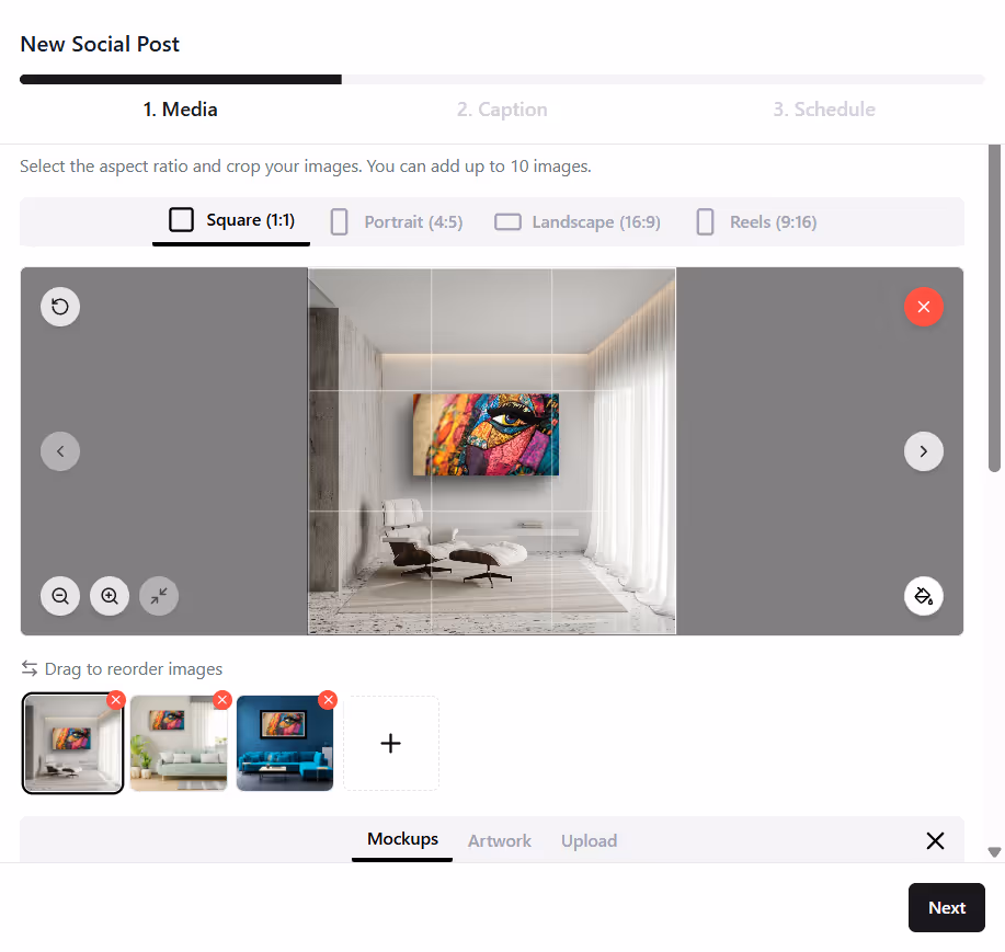 User interface for creating a new social media post showing image cropping options with a colorful abstract eye artwork on a white wall in a modern living room.