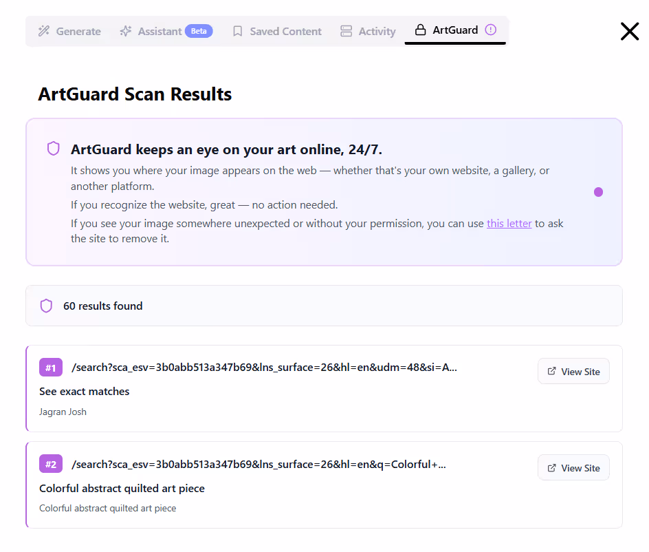 ArtGuard Scan Results page showing 60 results found with options to view sites of matched images and instructions to request removal if unauthorized use is found.