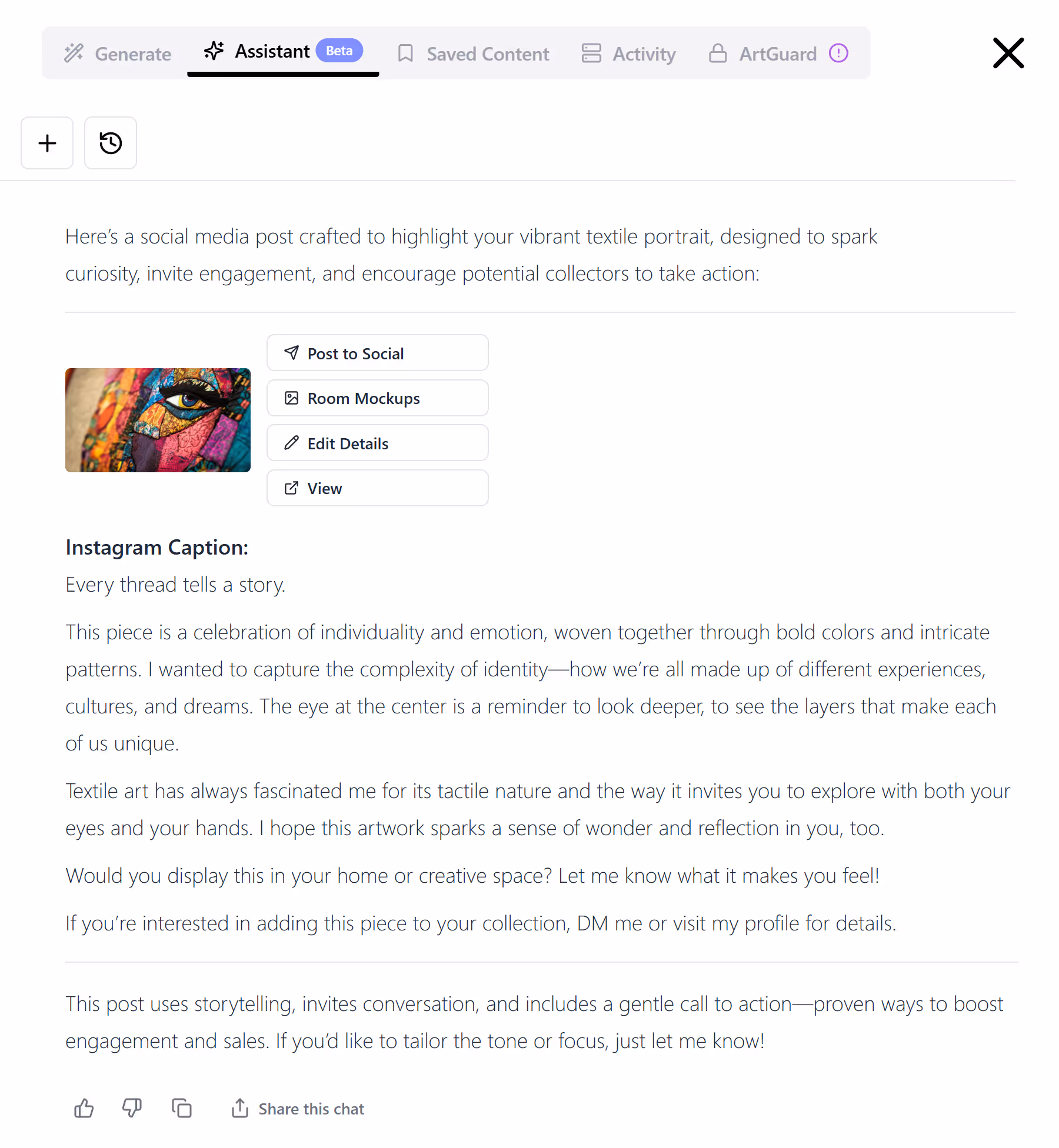 Close-up of a colorful textile portrait showing a detailed eye surrounded by vibrant patchwork patterns.