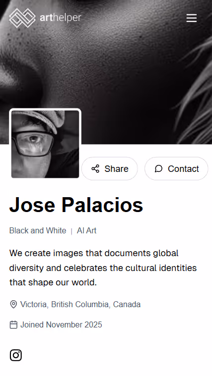 Profile page of Jose Palacios with a black and white close-up background image and his photo showing glasses and a hat, displaying his bio and location in Victoria, British Columbia, Canada.