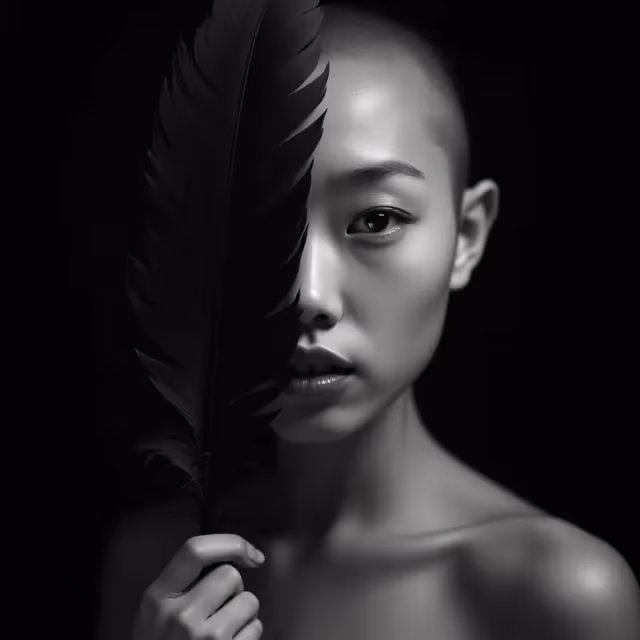 Black and white portrait of a bald person holding a large dark feather in front of half their face against a black background.