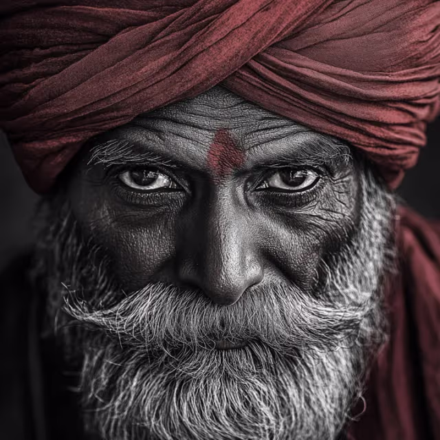 Close-up portrait of an elderly man with a long white beard and intense eyes, wearing a red turban and a red forehead mark.