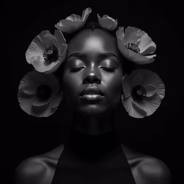 Black and white portrait of a woman with closed eyes and large flowers surrounding her head.