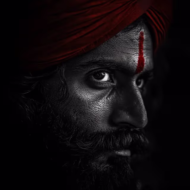 Close-up portrait of a man with a red turban and a vertical red tilaka mark on his forehead.