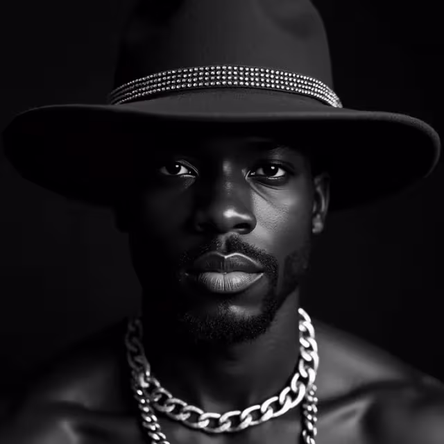 Black and white portrait of a man wearing a wide-brimmed hat with beaded band and a thick chain necklace.