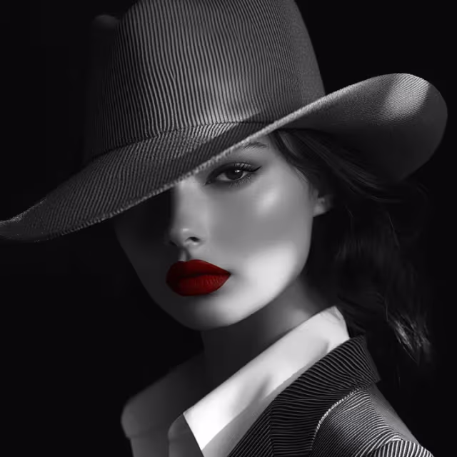 Black and white portrait of a woman wearing a wide-brimmed hat and pinstripe jacket with bold red lipstick.