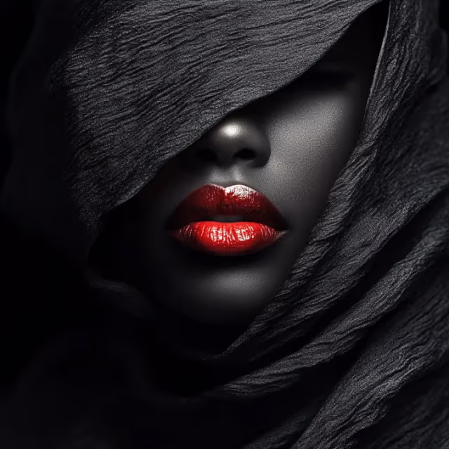 Close-up of a face partially covered by textured black fabric, highlighting glossy red lips and nose.