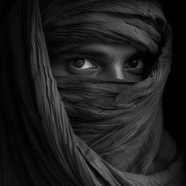 Close-up black and white photo of a person with eyes visible, wearing a textured fabric wrapped around their head and lower face.