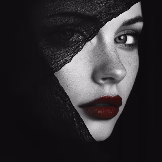 Close-up of a woman's face with dark red lipstick partially covered by black lace fabric.
