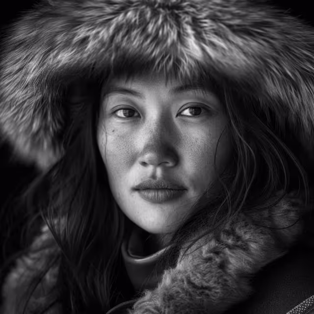 Close-up black and white portrait of a woman wearing a fur-lined hooded coat looking slightly to the side.