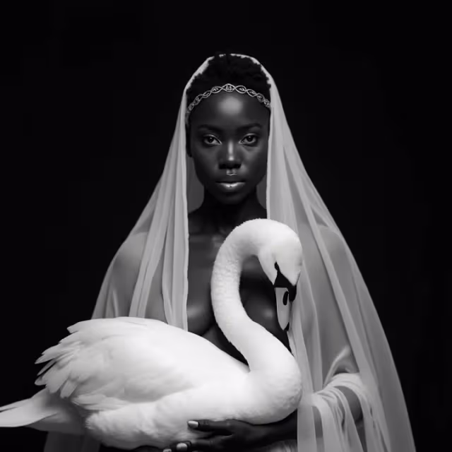 Black woman with a sheer veil and headband holding a white swan against a black background.
