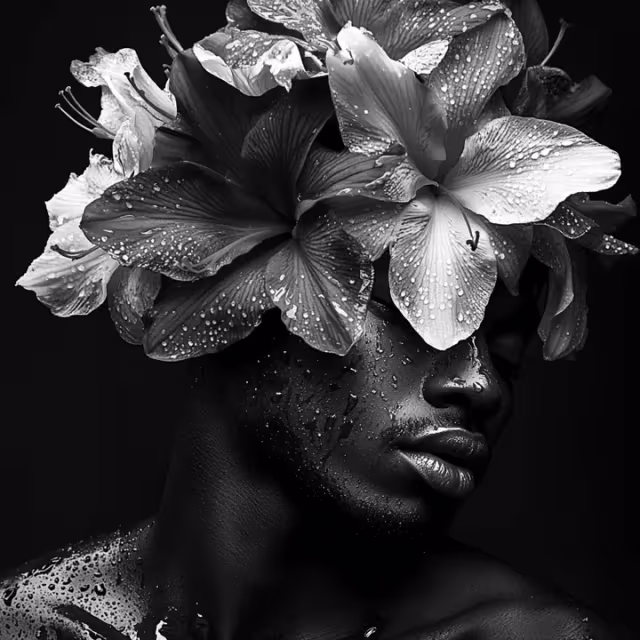 Black and white portrait of a person with large wet flowers covering the upper face and water droplets on the skin.