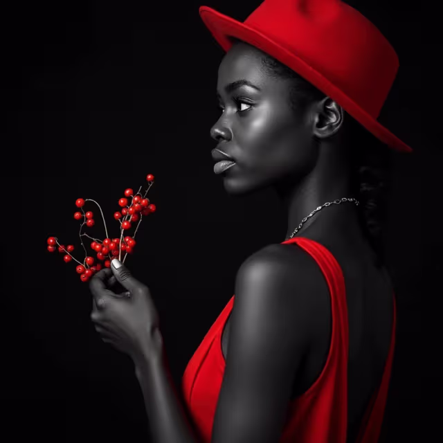 Portrait of a woman in profile wearing a red hat and dress, holding a branch with red berries against a black background.