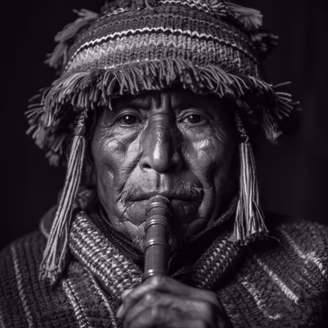 Elderly man wearing a patterned knitted hat and sweater, playing a wind instrument, in black and white.