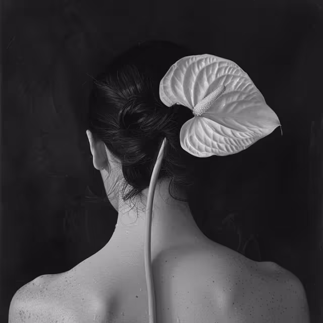 Black and white photo of a woman’s back with dark hair tied up, and a large anthurium flower placed behind her head.